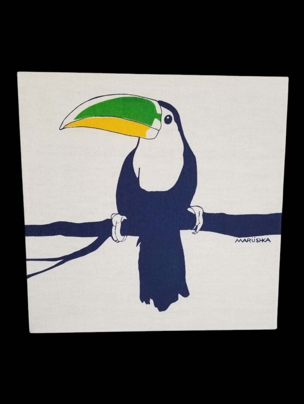 Vintage Marushka Canvas Screen Print Toucan On Branch 13 X 13 1970s Signed